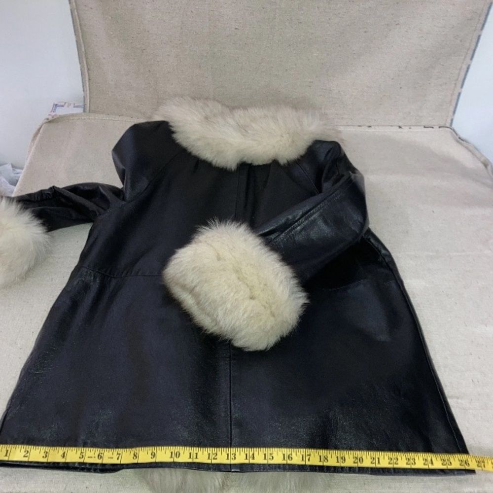 Vintage 60s Leather Penny Lane Fox Fur Collar Front Cuffs Trim Swing Coat Jacket - Picture 12 of 16